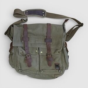 S.C. Cotton Canvas Leather Messenger Bag Satchel Army Green